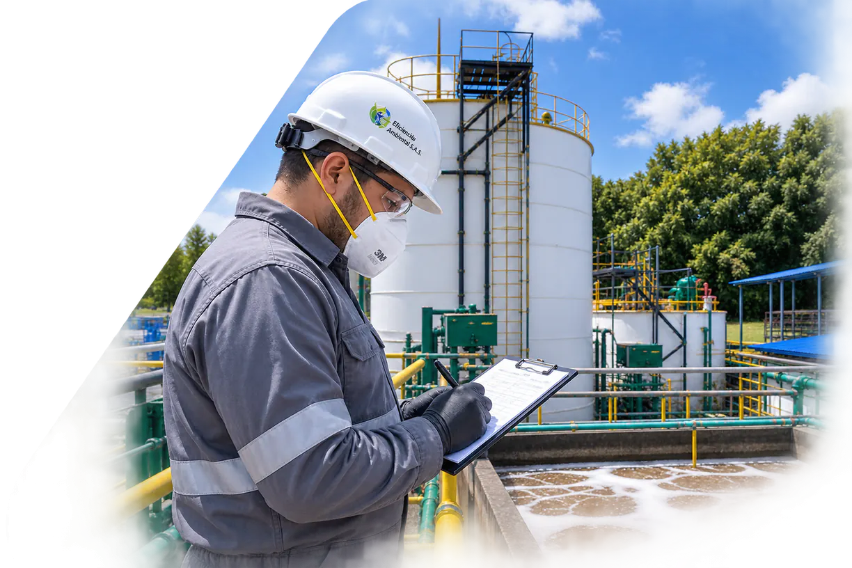 Profesional de Eficiencia Ambiental con casco, tapabocas y overol registra datos en una planilla en una planta de tratamiento de aguas residuales